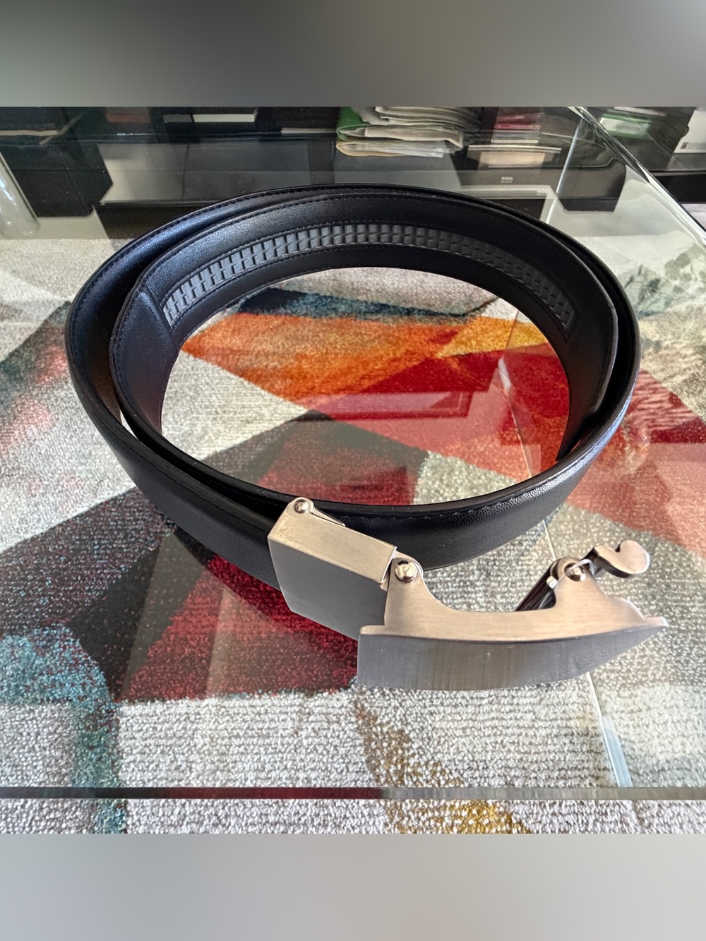 KORE Essentials Black Top Grain Leather Ratchet Belt Gunmetal Buckle 31-36
